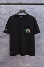 Black short-sleeve T-shirt with small chest logo patch