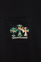 Black T-shirt pocket with colorful emblem graphic patch