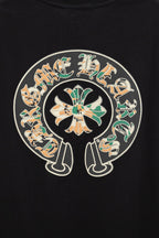 Black T-shirt with large colorful circular emblem graphic
