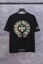 Black short-sleeve T-shirt with large circular back graphic print