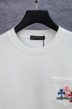 White short-sleeve T-shirt neckline with small pocket-side graphic