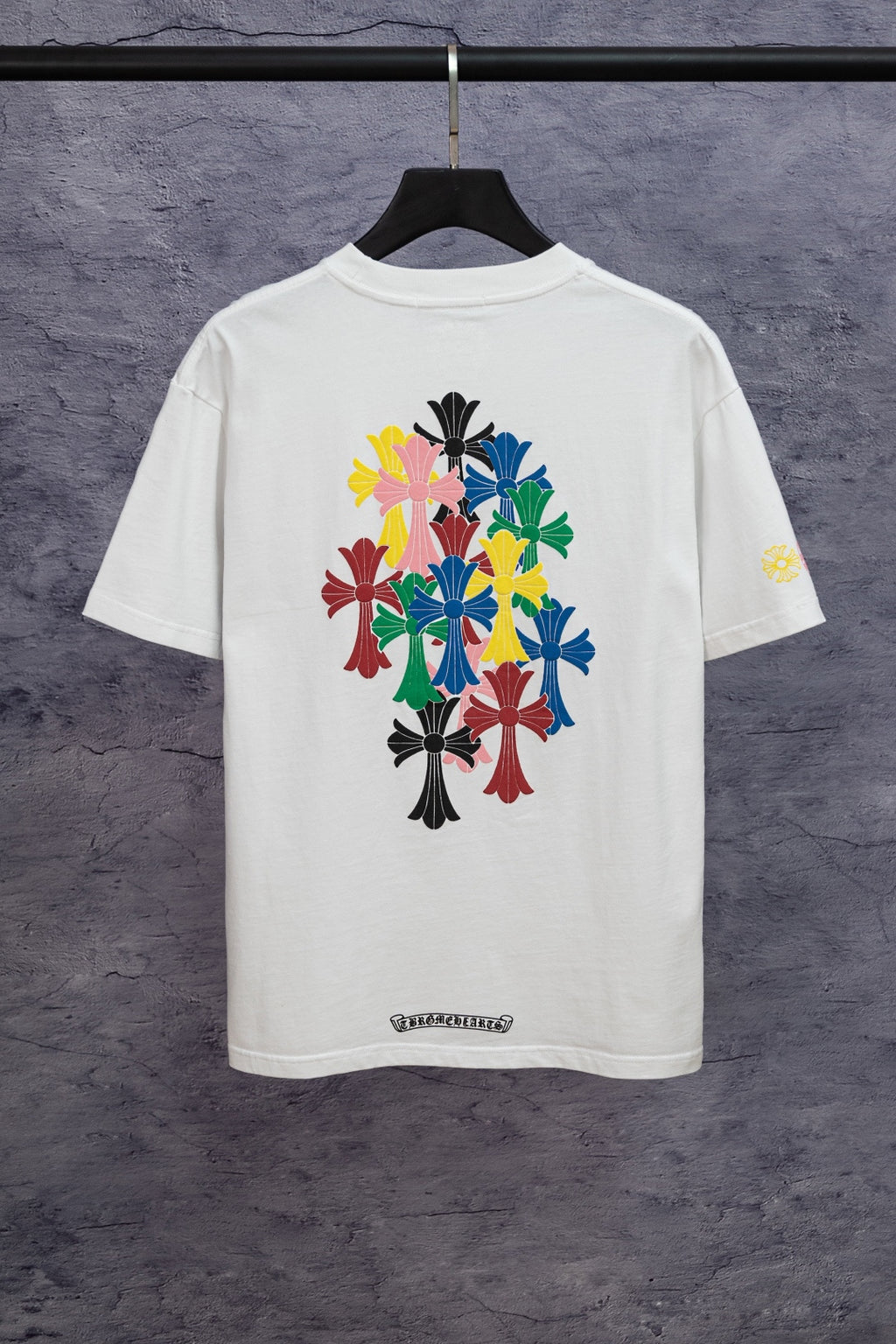 White short-sleeve T-shirt with large colorful back floral emblem
