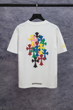 White short-sleeve T-shirt with large colorful back floral emblem