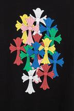 Black short-sleeve T-shirt with large colorful flower cross print