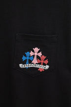 Black T-shirt chest pocket with multicolor emblem patch