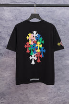 Black short-sleeve T-shirt with large back floral cross graphic and sleeve logo