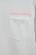 White short-sleeve T-shirt with embroidered pink logo above chest pocket