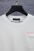 White short-sleeve T-shirt neckline with printed brand label and tag
