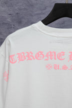 White short-sleeve T-shirt with pink graphic print across back