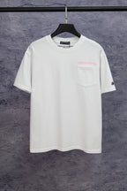 White short-sleeve T-shirt with small chest logo and crew neckline