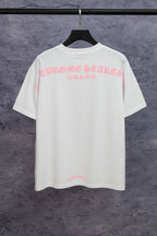 White short-sleeve T-shirt with large back graphic text