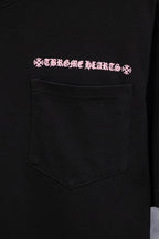 Black short-sleeve T-shirt with pink Chrome Hearts logo and front chest pocket