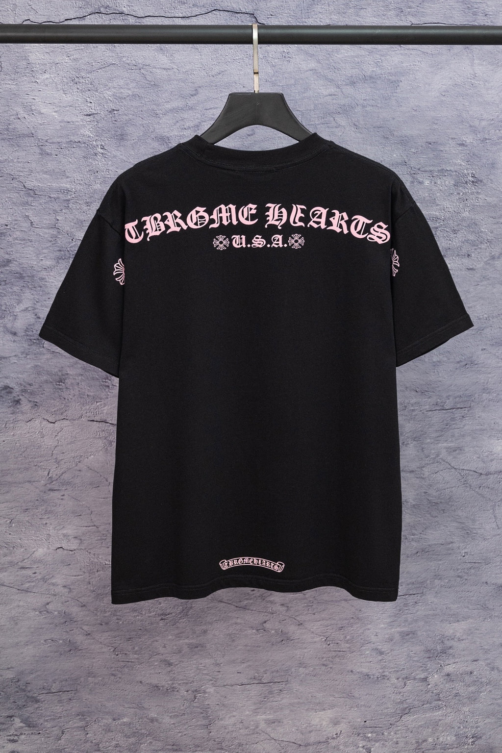 Black short-sleeve T-shirt with large Chrome Hearts U.S.A. back graphic