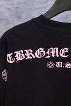 Black short-sleeve T-shirt with large pink Chrome Hearts back graphic