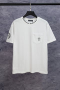 White short-sleeve T-shirt with small chest graphic and chest pocket detail