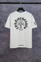 White short-sleeve T-shirt with large center floral cross graphic on back