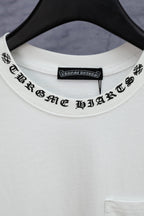 White T-shirt crew neckline with black printed logo text label