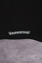 Black T-shirt hem band with small white arched logo text