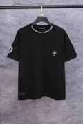 Black short-sleeve graphic T-shirt with small chest emblem on left side