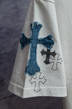 White short-sleeve T-shirt with large blue cross applique on front panel