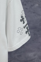 White short-sleeve T-shirt with blue cross patches on sleeve