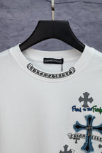 White short-sleeve T-shirt with printed collar band and blue cross chest graphic