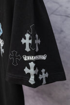 Black T-shirt hem and sleeve print with cross icons and small text graphic