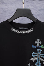 Black T-shirt neckline with white circular text graphic, blue and gray chest logo