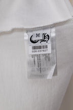 White T-shirt with clear size label and printed product details tag