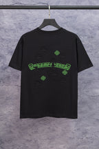 Black short-sleeve T-shirt with neon-green back graphic and cross symbols