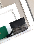 Goyard shoulder bag with black flap and gray patterned body, featuring a front strap
