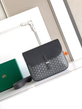 Goyard bag with dark flap, gray Goyard pattern, and adjustable shoulder strap