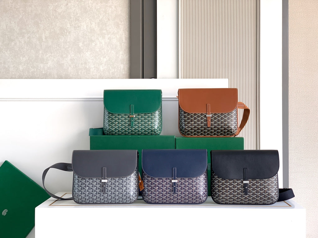 Goyard crossbody bags set with geometric pattern, flap closures, multiple colors.