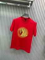 Versace red T-shirt on hanger, gold lion crest medallion, crew neck, short sleeves