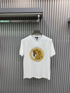 White crew-neck short-sleeve T-shirt with gold lion medallion graphic on chest