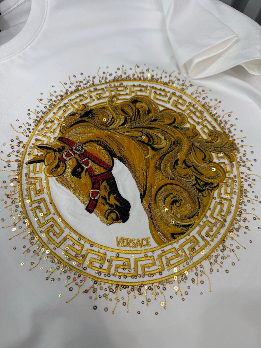 White T-shirt close-up: gold lion graphic with small VERSACE text below