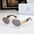 Versace sunglasses, gold-tone round frames, brown lenses, tortoiseshell temple tips