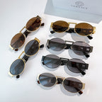 Versace sunglasses assortment, multiple round styles with dark lenses and gold accents