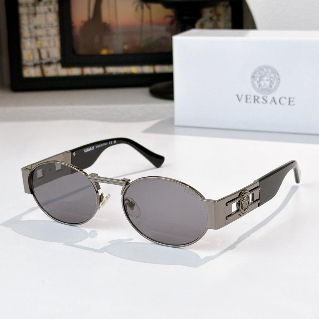 Versace sunglasses, silver-tone round frames, dark gray lenses, black temple tips