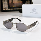 Versace sunglasses, silver-tone round frames, dark gray lenses, black temple tips