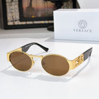 Versace sunglasses, gold-tone round frames, brown lenses, black temple tips