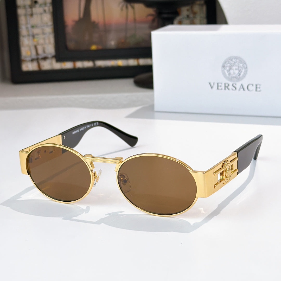 Versace sunglasses, gold-tone round frames, brown lenses, black temple tips