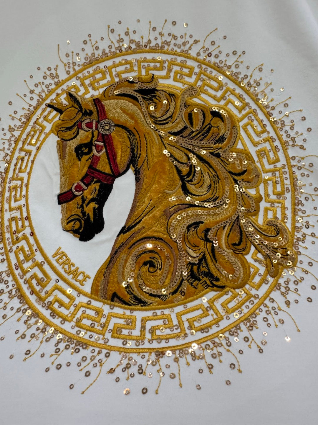 Close-up of gold horse crest emblem with Greek key border and rhinestone-like dots
