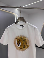 White crew-neck T-shirt with centered gold horse crest emblem on the chest