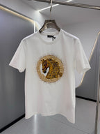 White crew-neck T-shirt with gold and black horse emblem print at the chest