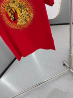 Red Versace T-shirt hem with gold horse Medallion print