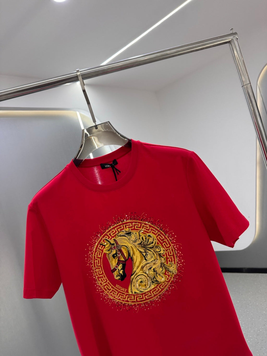 Versace red T-shirt with gold horse Medallion graphic, short sleeves