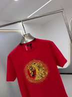 Versace red T-shirt with gold horse Medallion graphic, short sleeves