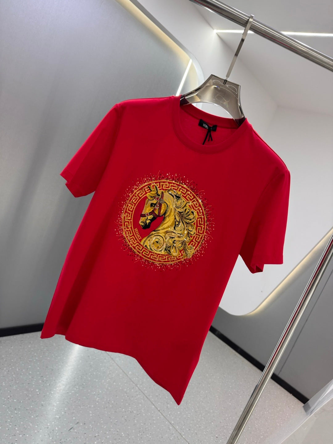 Versace red T-shirt with gold horse Medallion graphic, crew neck