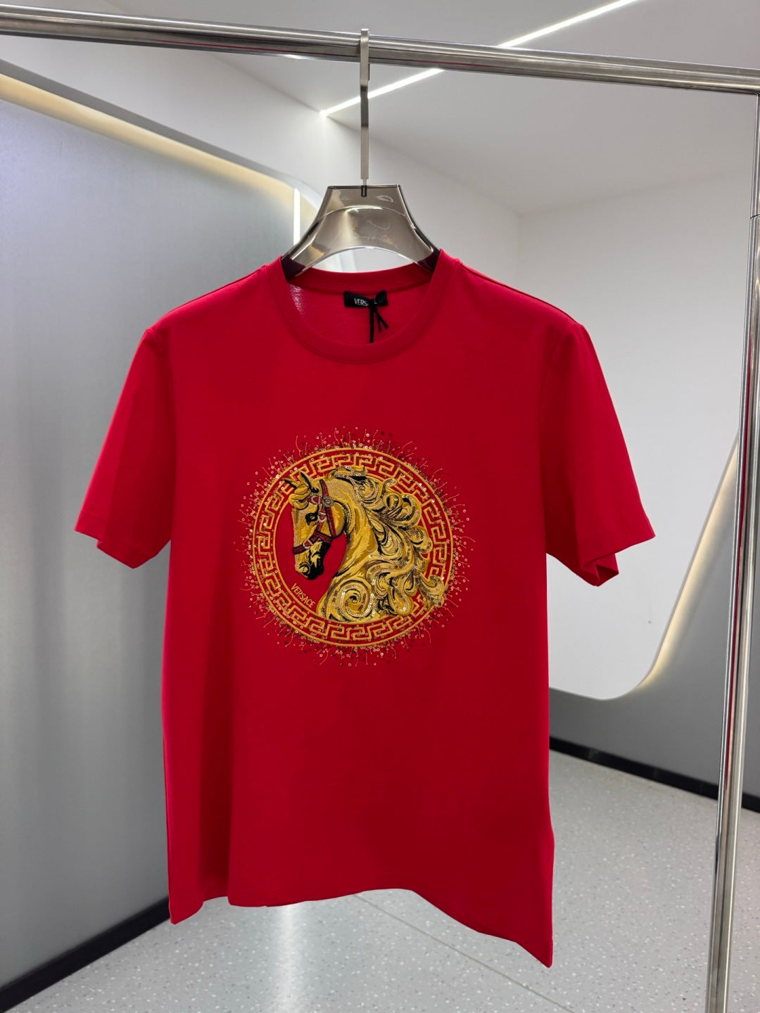Versace red T-shirt with gold and multicolor horse Medallion graphic